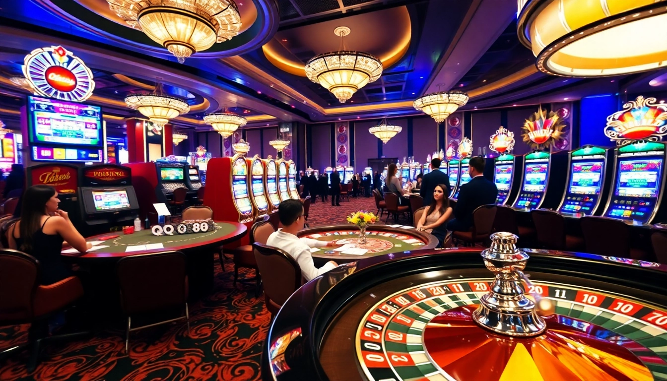 Active players engaging in QQ88 games at a vibrant casino floor, surrounded by poker chips and slot machines.