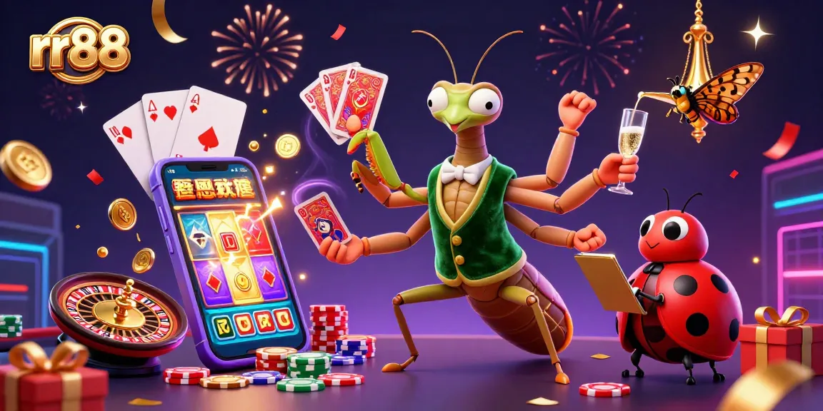 Experience winning moments at rr88 as a giant mantis card sharp deals cards and champagne flows in a vibrant casino scene.