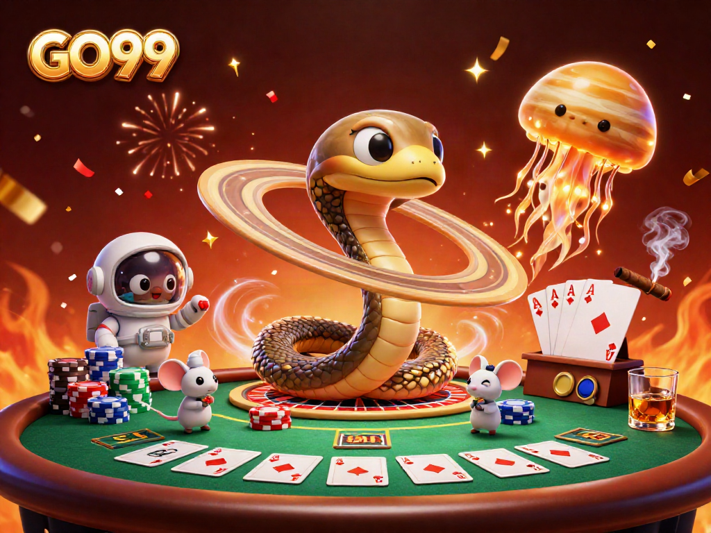 Engage with GO99 as astronaut mice bet on a casino-themed roulette wheel in space.