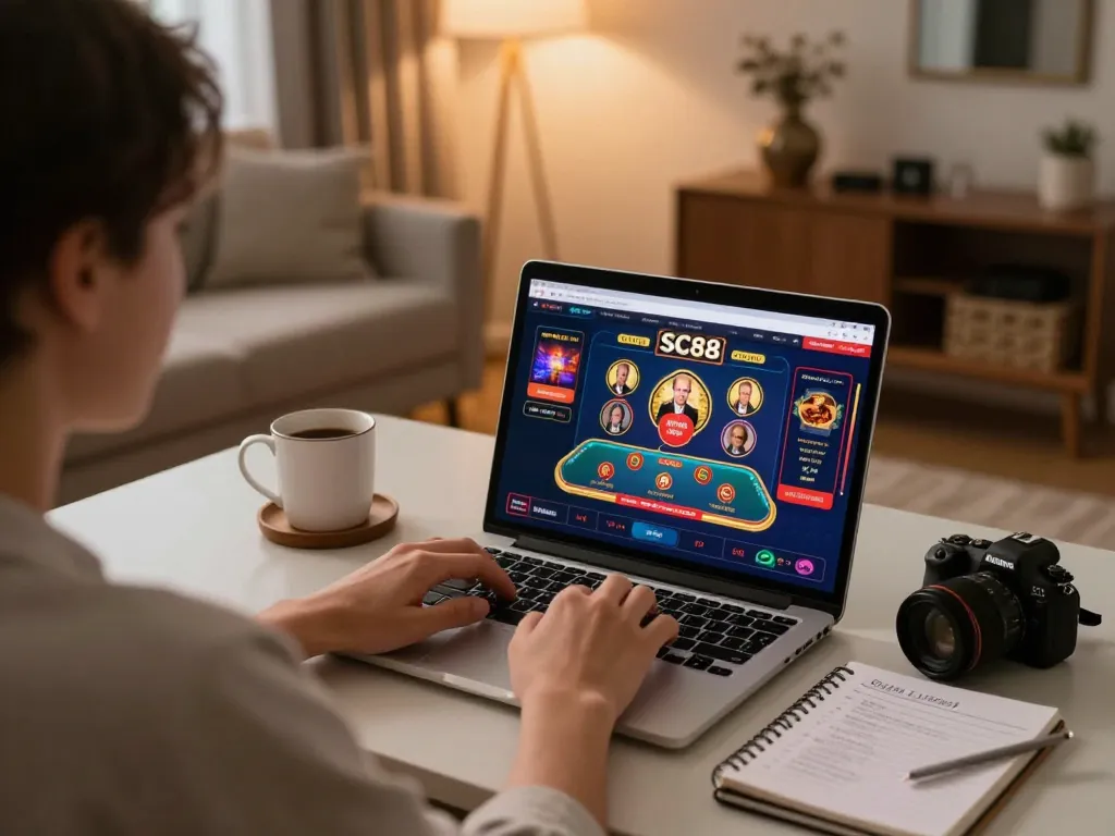 Engaged player using SC88 online casino platform from home, showcasing vibrant gaming screen.
