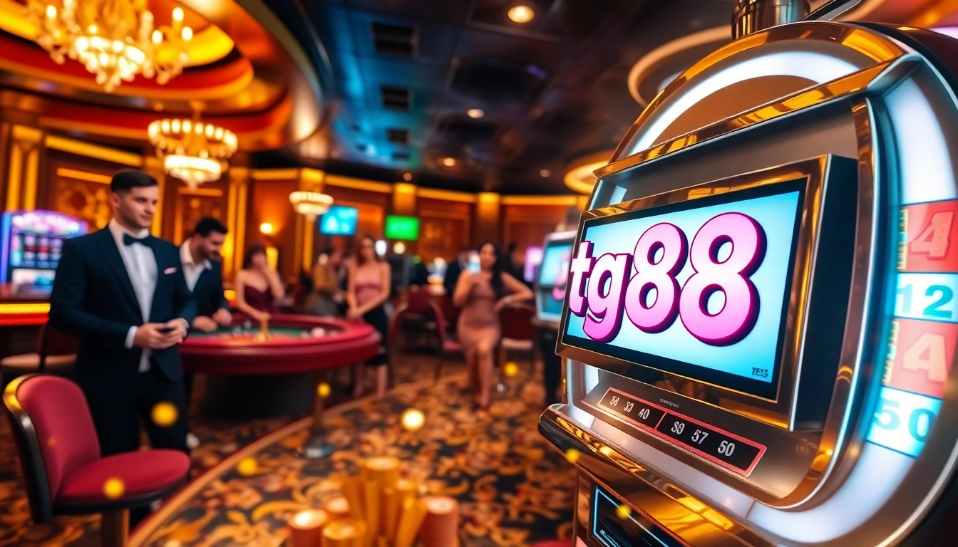 Players enjoying thrilling slot games at tg88 casino, engaging with vibrant tables and high-stakes action.