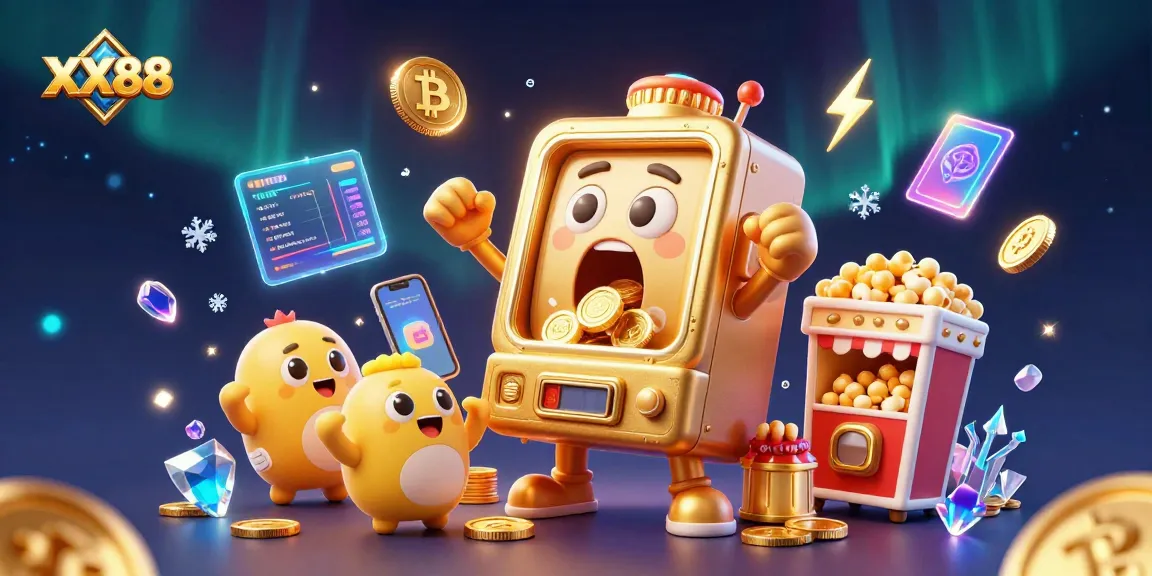 Celebrate big wins with XX88 as the golden slot machine hits jackpot amidst fluttering coins and cheerful friends.