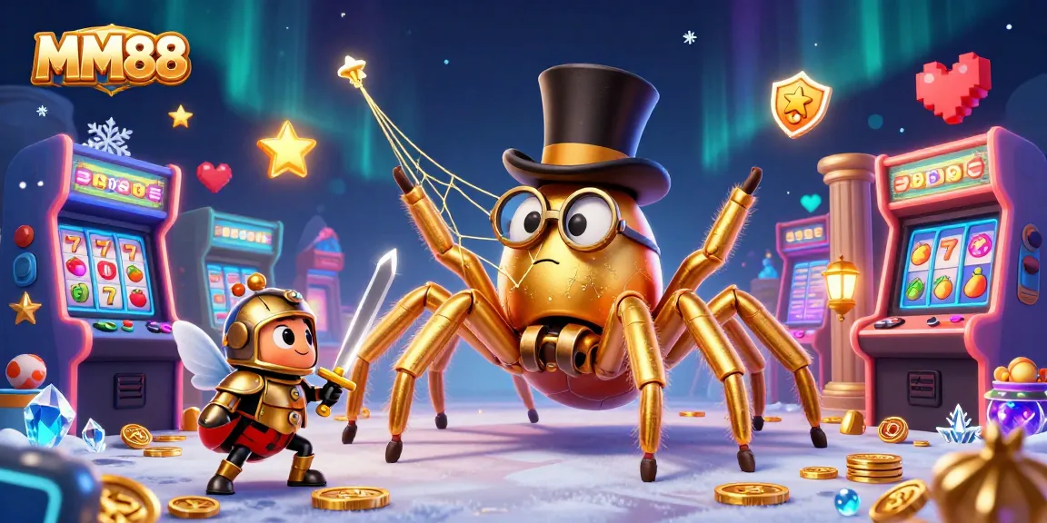 Engage with MM88's vibrant casino world, showcasing a golden tarantula and beetle knight.