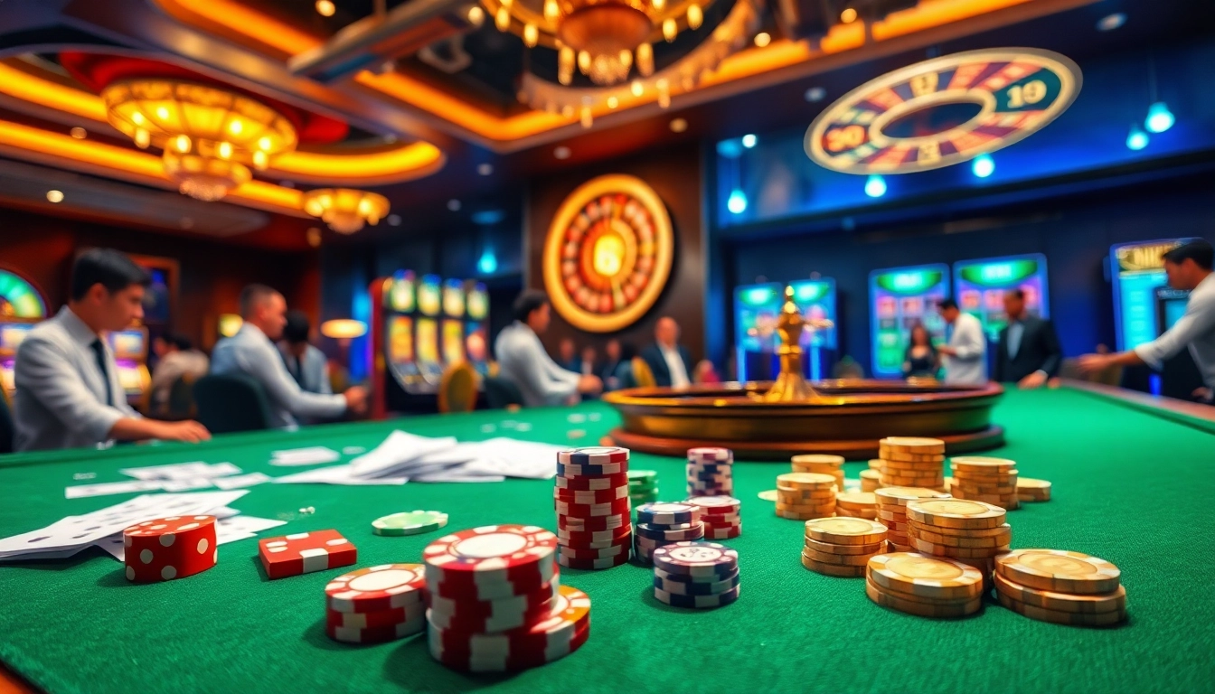 Dynamic gaming scene at RR88 casino, featuring tables, cards, and excitement.