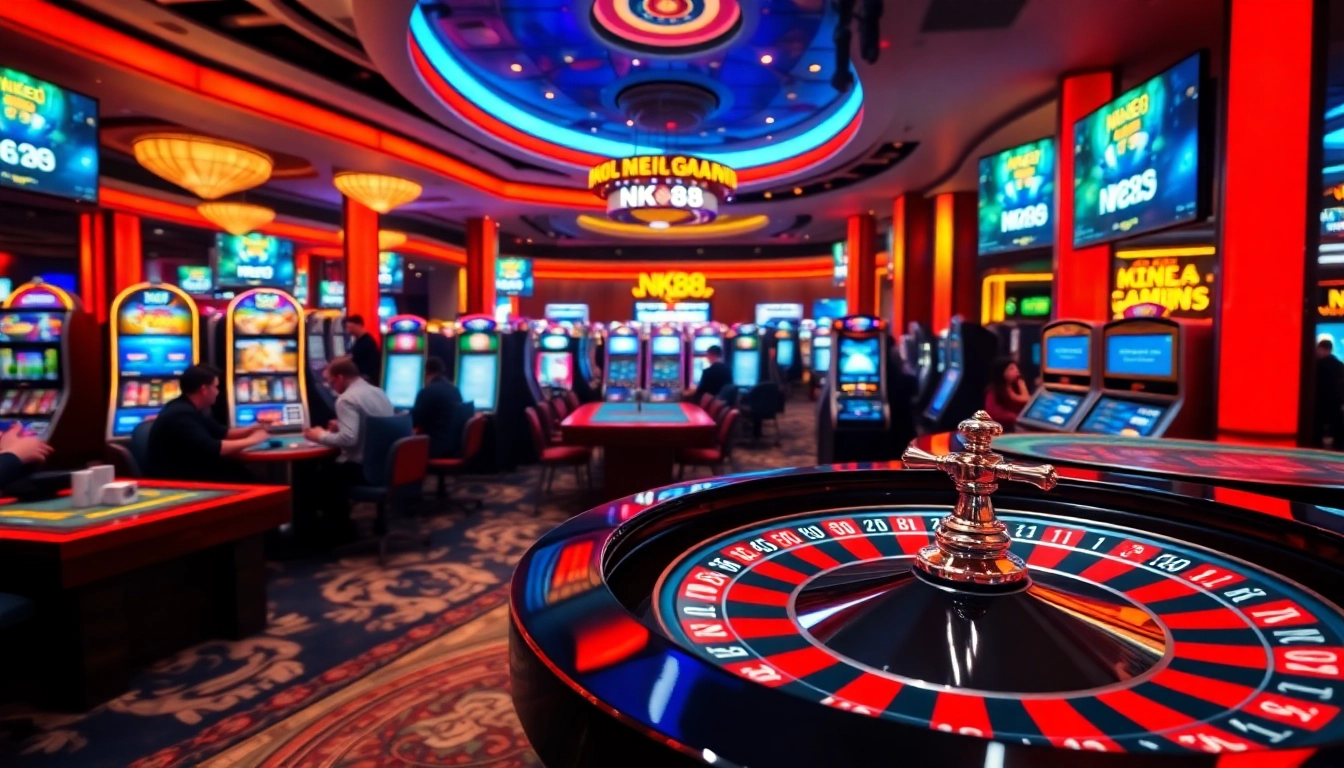 Experience the thrill of nk88 at a vibrant casino with roulette and gaming tables.