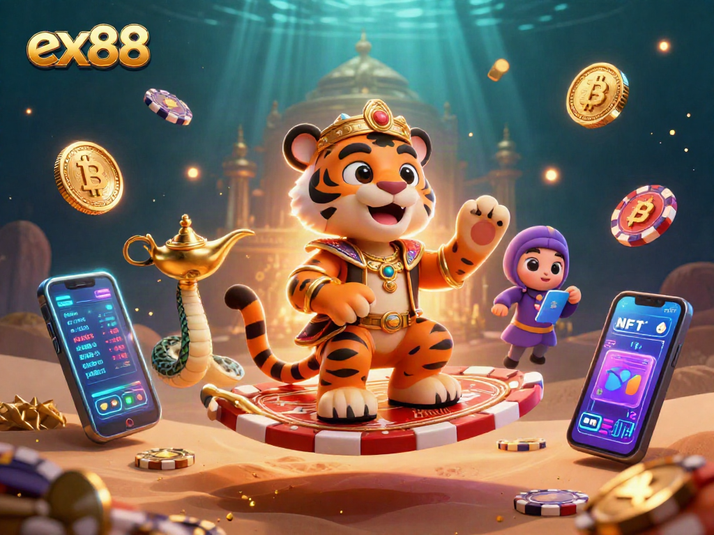 Engage with ex88 casino activities amidst 3D exquisite Arabian-themed visuals and crypto symbols.