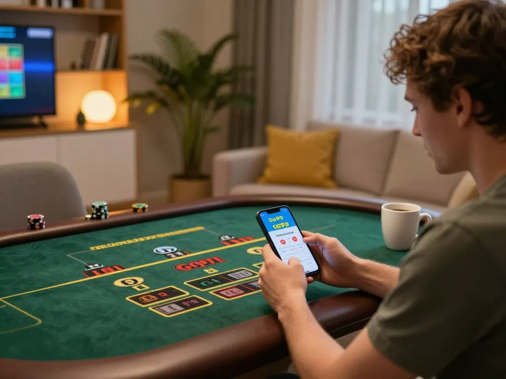 Engaged player using Go99 app for online gaming in a cozy home setting