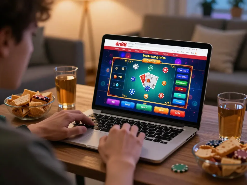 Player enjoying an exhilarating session on dn88 trang chủ with colorful casino games displayed on a laptop.