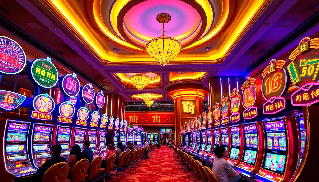 Experience the thrill of nổ hũ at a vibrant slot machine area in a luxurious casino.