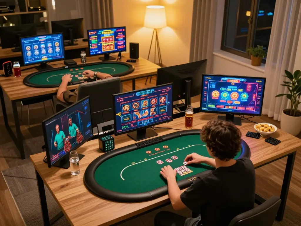 Dabet players enjoying live poker action on a modern gaming setup with engaging visuals
