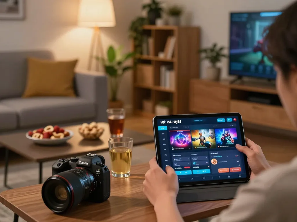 Engaging with the nhà cái cf68 app for online gaming in a cozy home setting, showcasing responsible entertainment.