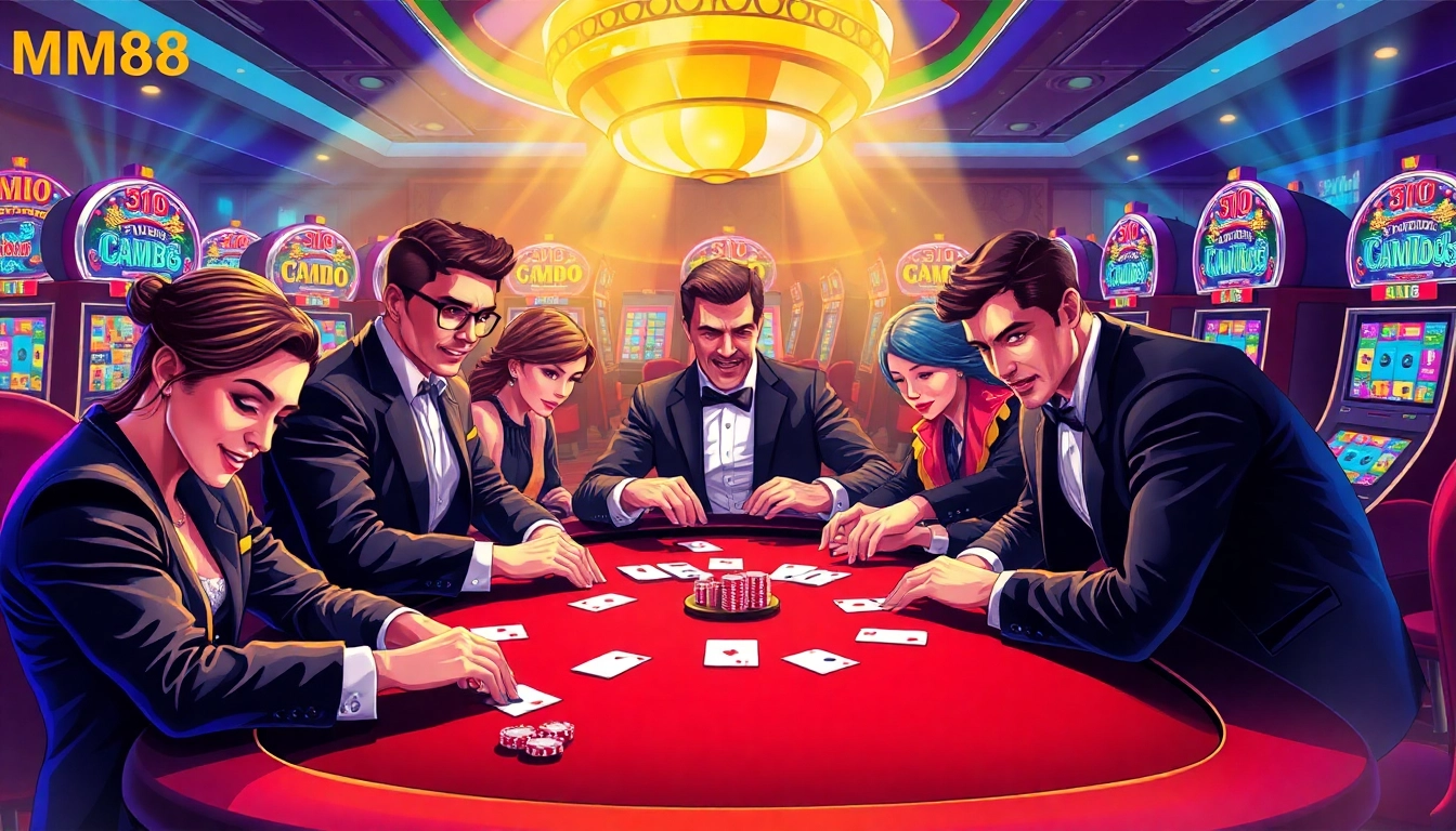 MM88 online casino scene with excited players at a poker table, colorful slot machines, and vibrant atmosphere.