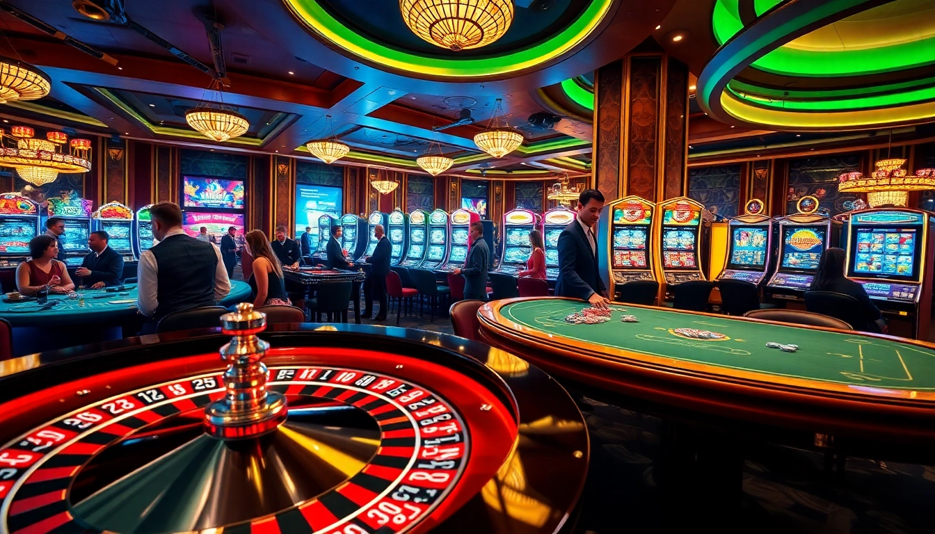 Experience the thrill of winning at nk88bet.org with a vibrant casino setting featuring roulette, slot machines, and engaged players.