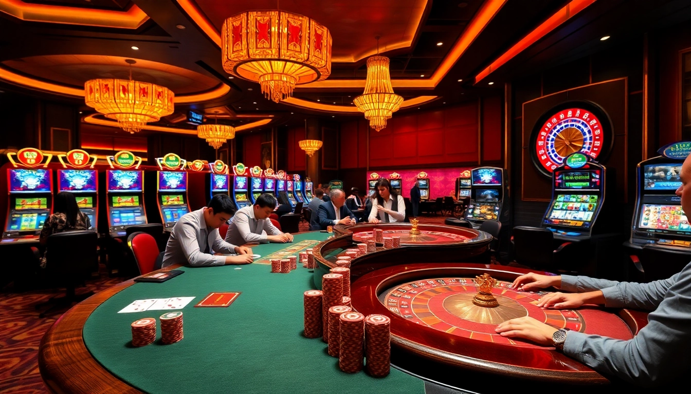 Lively casino scene with players at tables and machines, featuring excitement from https://luongsontv23.com/ for online gambling.