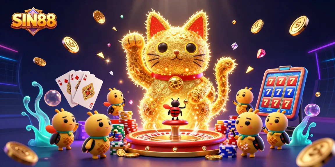 SIN88 showcases a vibrant scene with golden fireflies and casino elements, creating a lucky atmosphere.