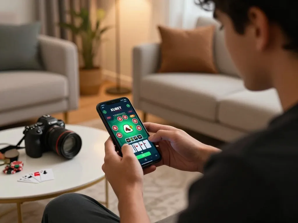 KUBET app displayed on phone for betting during a cozy home gaming session with stylish decor