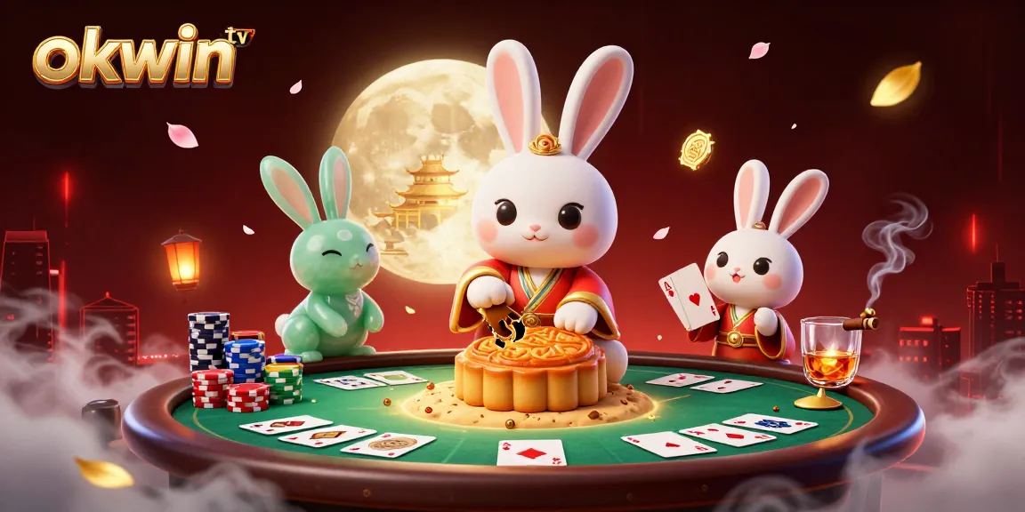 Engage with okwin tv as the moon rabbit reveals poker chips in a vibrant casino scene.