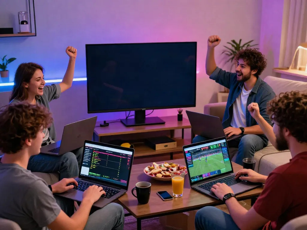Group of friends engaging with 11 bet sports betting apps during a live game.