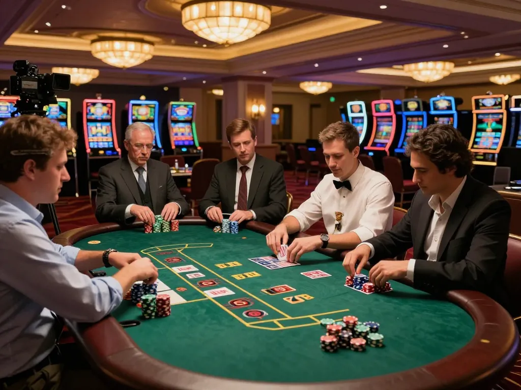 uk88 players engaged in strategic blackjack at a lively casino table, showcasing intense gameplay and vibrant atmosphere.