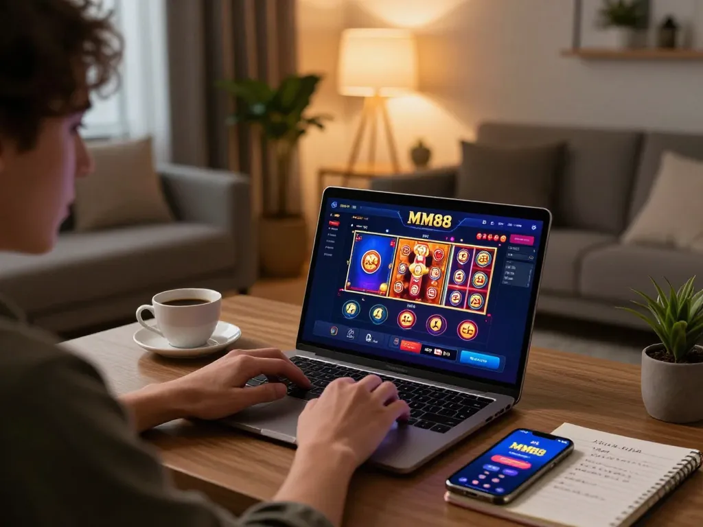 Engaged user playing on MM88 online casino interface, showing strategies and mobile app experience at home.
