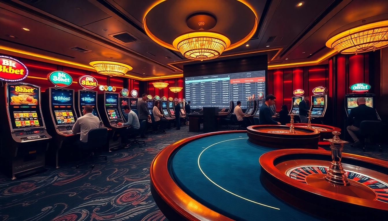 Experience the thrilling ambiance of 8kbet with vibrant casino visuals and engaged players.