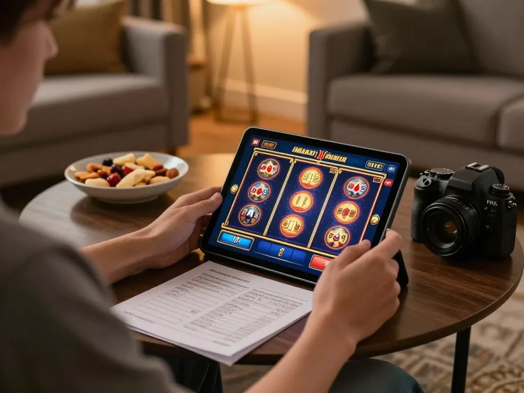 Engaging in online slot games at home with 78wintl tablet in hand, showcasing excitement and strategy.