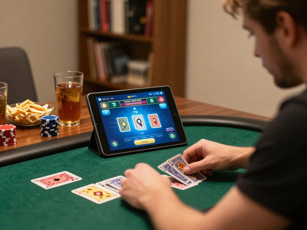 Playing poker online at https://cm88seo.com/ with focused concentration, cozy home setting with vibrant betting interface