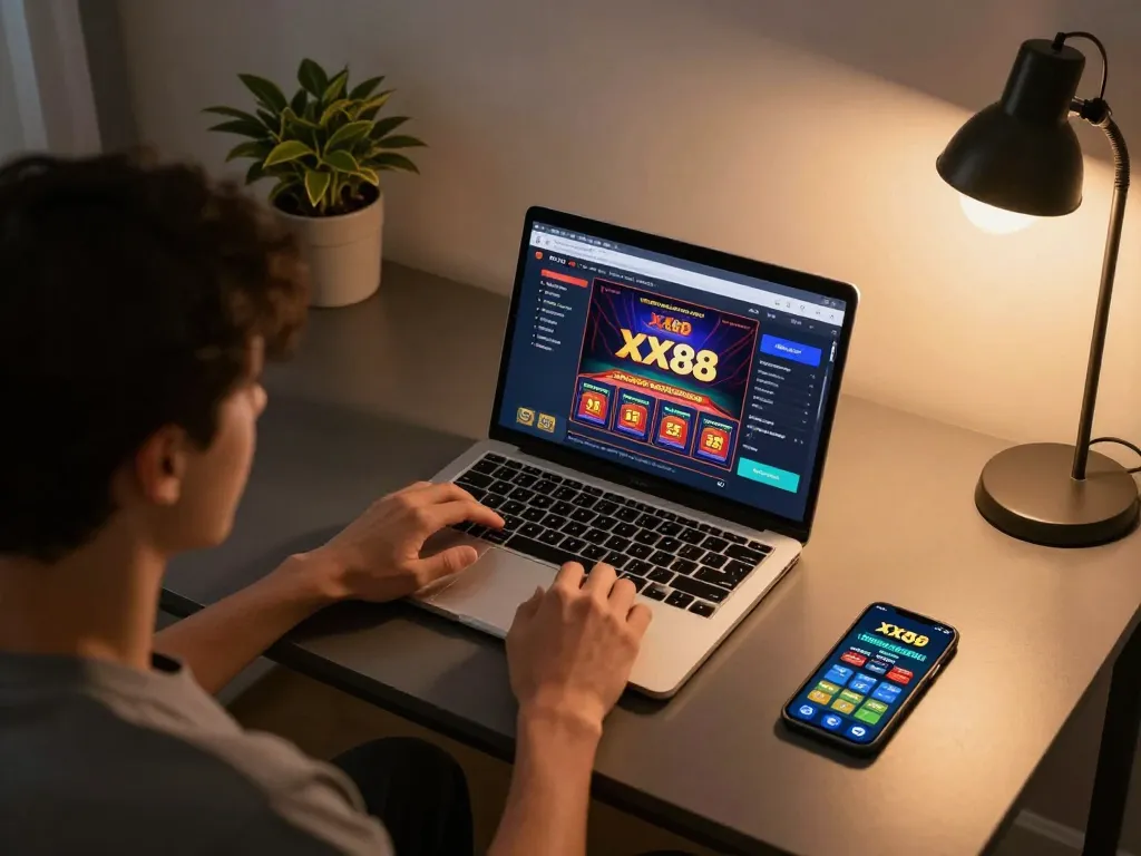 Engaged user playing online casino games at XX88 from a stylish home setup with warm ambiance.