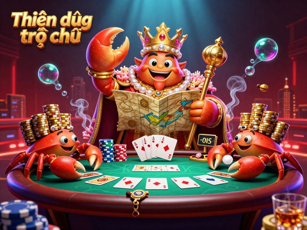 Experience the thrill of Thiên đường trò chơi with a golden crab emperor leading a poker adventure.