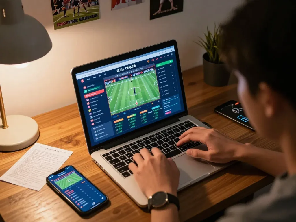 Engaging in sports betting on Nhà Cái QQ88 with a laptop and strategy notes.