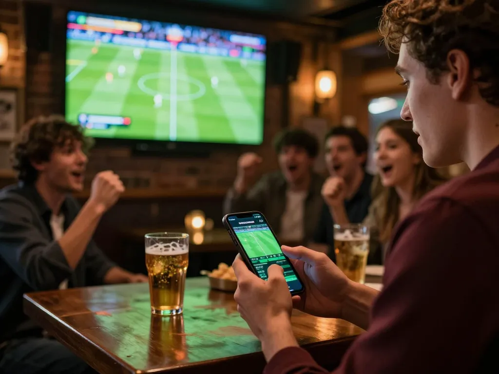 Engaged bettor monitoring ผลบอลวันนี้ on smartphone while watching live football match.