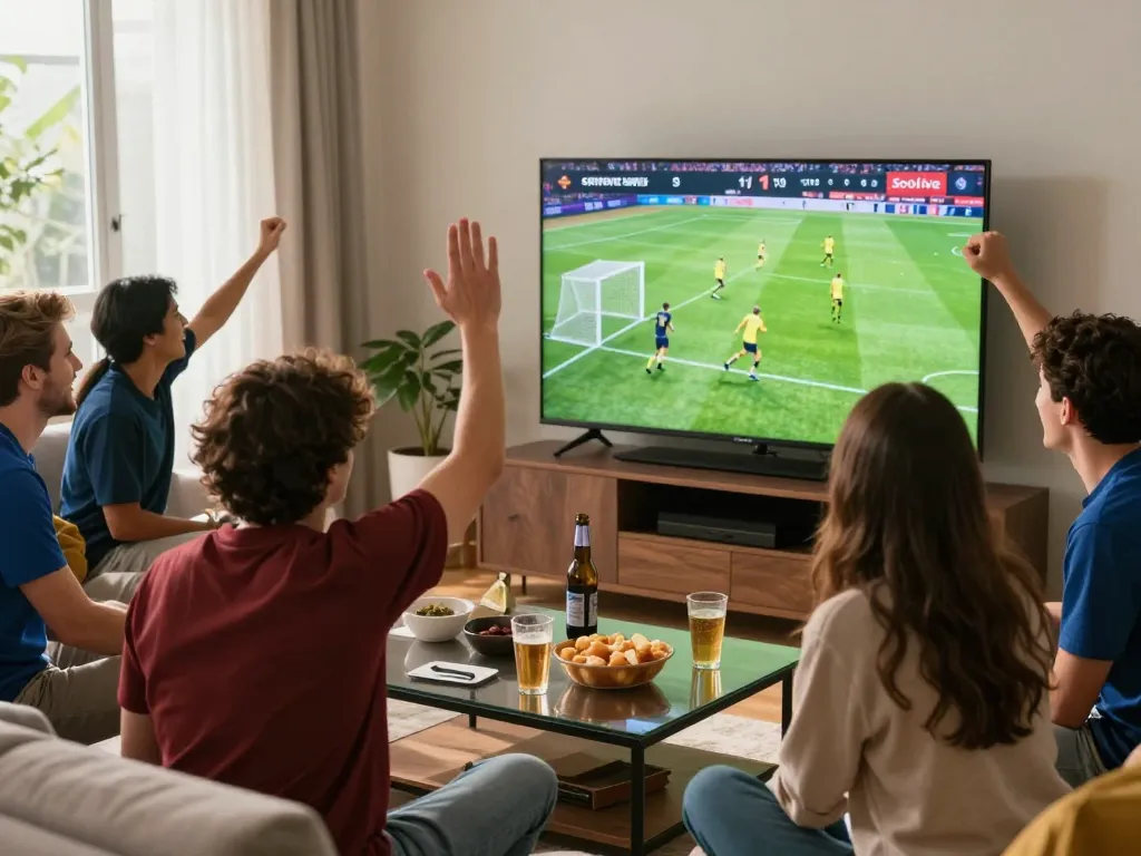 Socolive streaming a thrilling football match during a lively game day gathering with excited fans.
