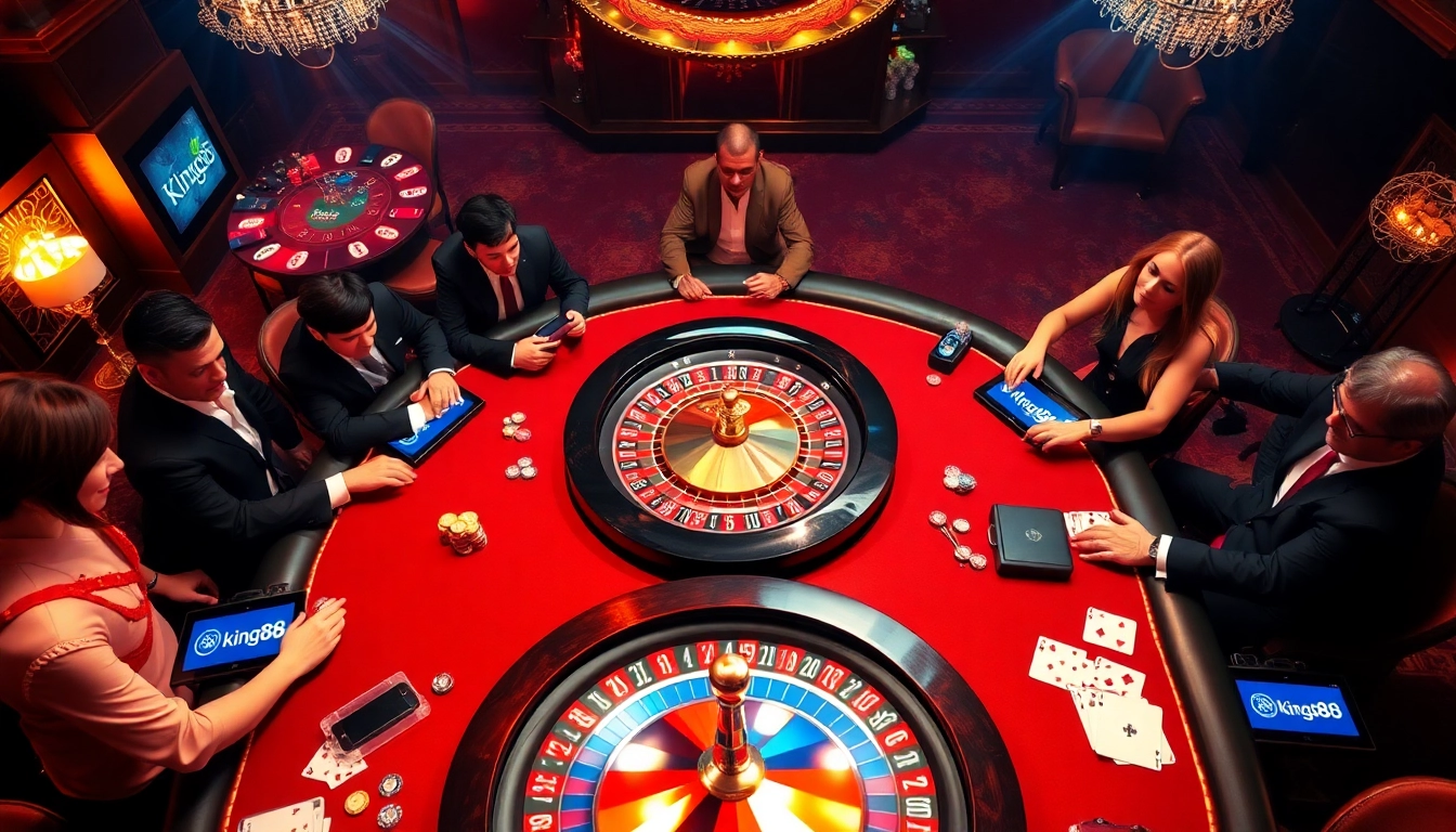 Experience high-stakes action at King88 with poker chips and an elegant roulette wheel on a luxury casino table.
