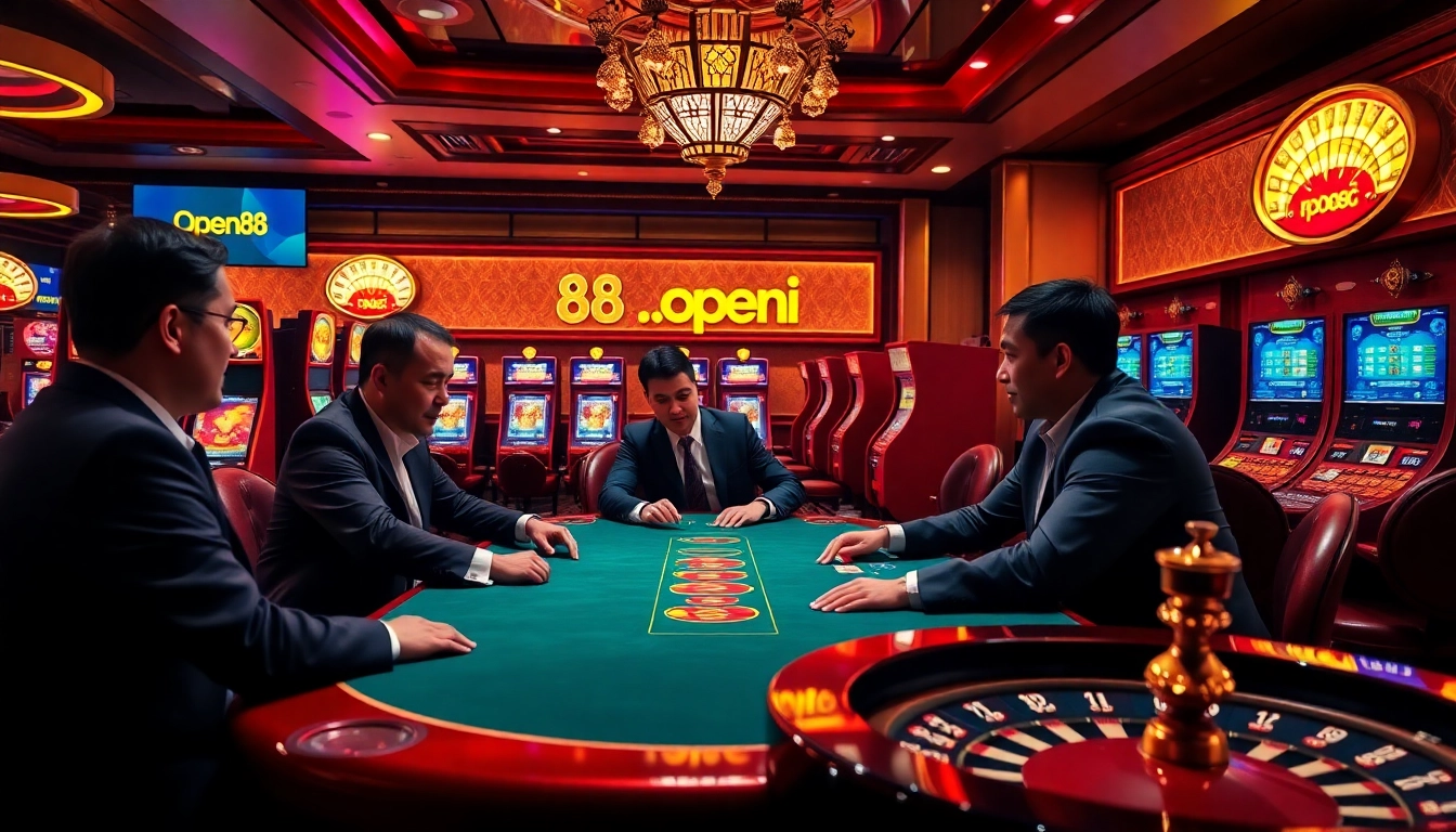 Experience thrilling gambling action at open88.mobi with a lively poker game among vibrant casino tables.