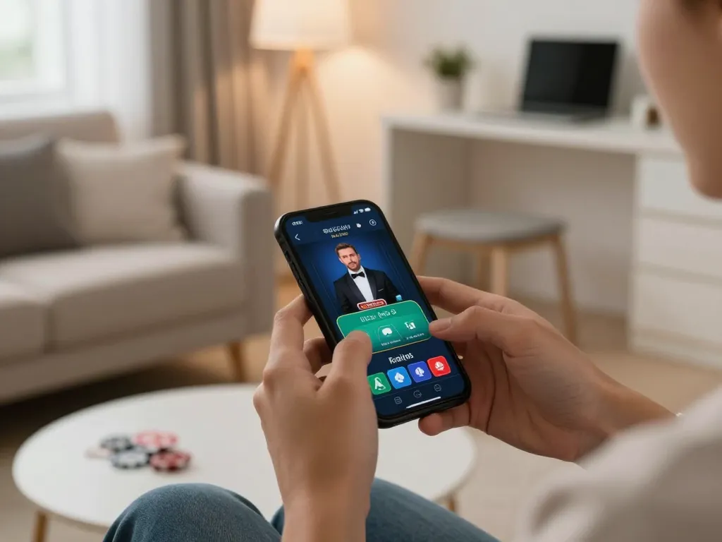 Experience the excitement of online blackjack at https://9bet.works/ with an immersive smartphone gameplay scene.