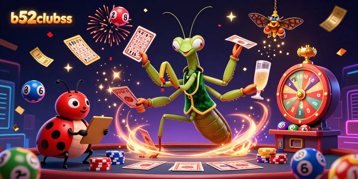 Experience excitement with b52clubss as a giant praying mantis dealer dazzles in a dynamic casino scene.