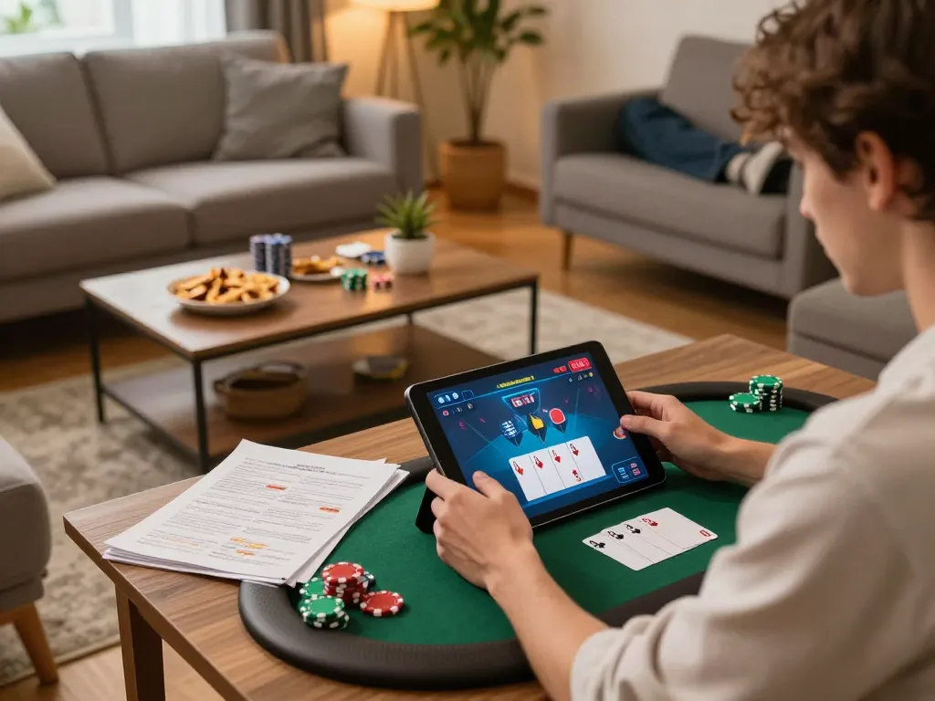 Engaged player using Go88 app on tablet for online poker strategy in a cozy living room setting.