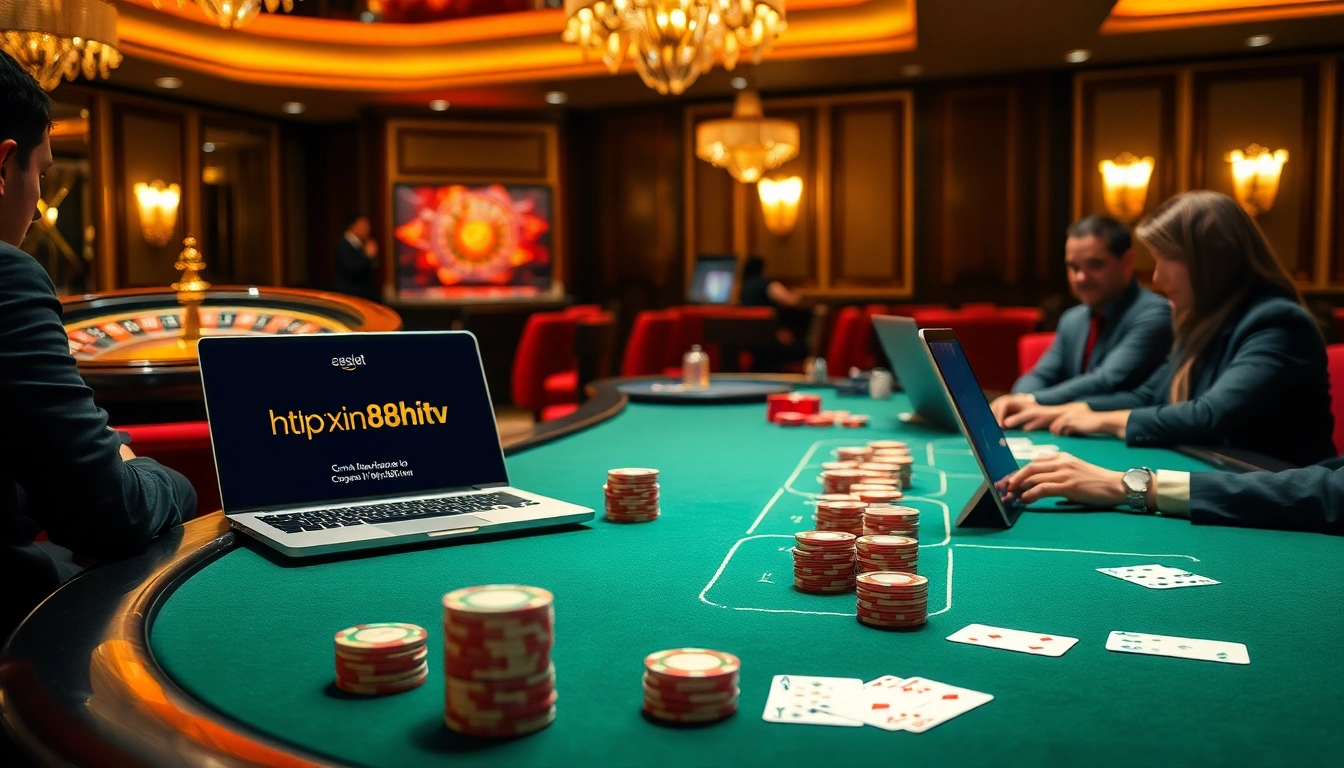 Engaging poker scene at a luxury casino with players accessing https://xin88hv.site/ on sleek devices.