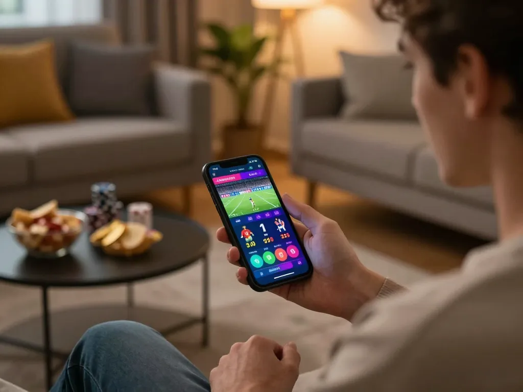 Engaged bettor analyzing live football odds on a smartphone with keonhacaivn, showcasing strategic gameplay at home.