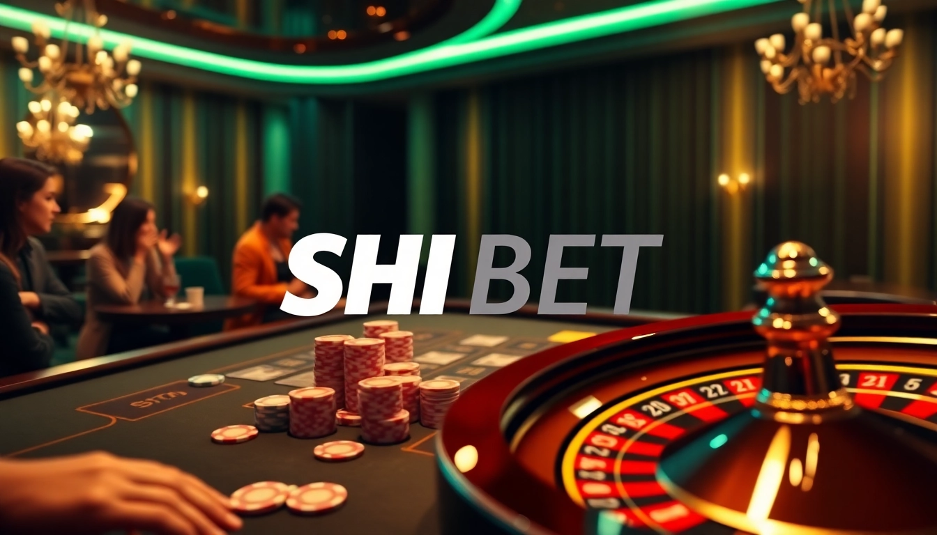 Experience rút tiền SHBET with a sophisticated casino scene featuring poker chips, cards, and a roulette wheel.
