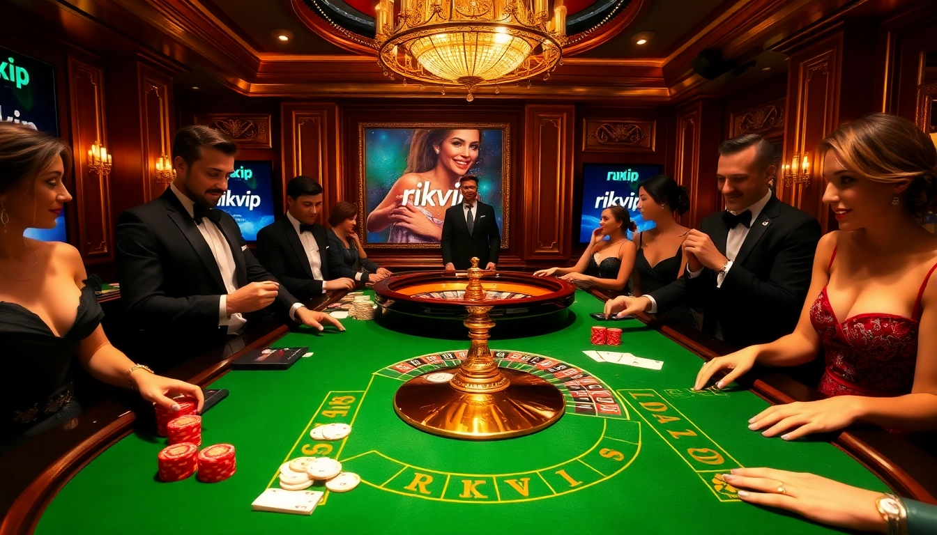 Players enjoying a thrilling game at a rikvip casino table, highlighting excitement and luxury.