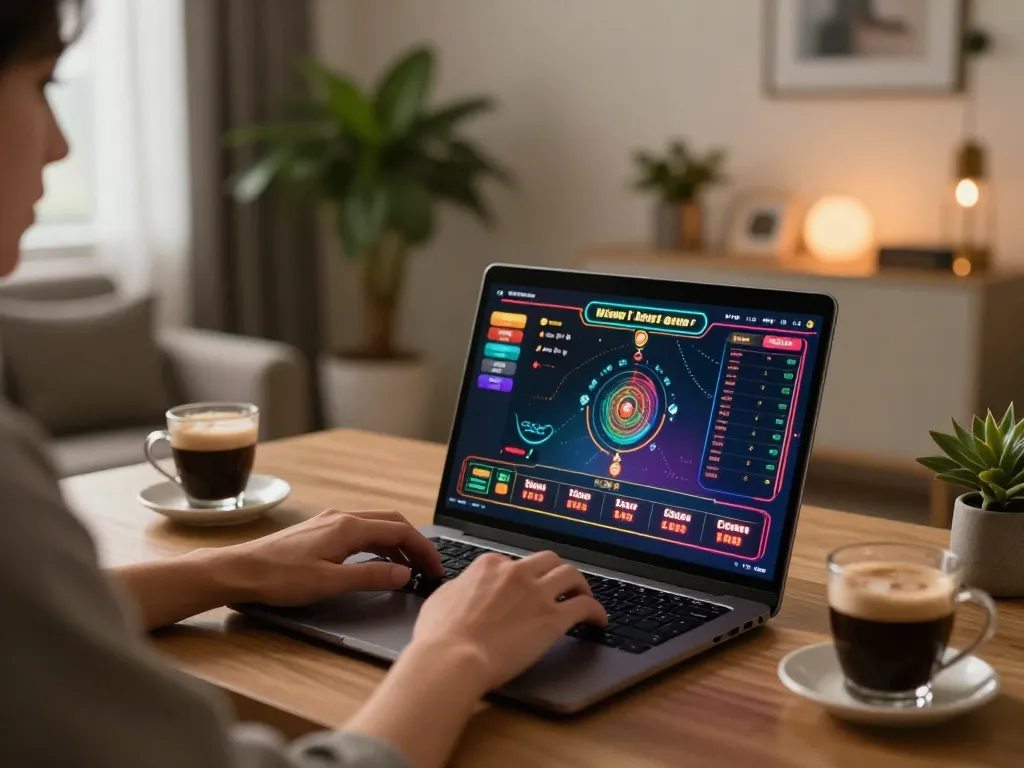 Engaging with live casino games at https://99win.actor/ on a sleek laptop in a cozy home office.