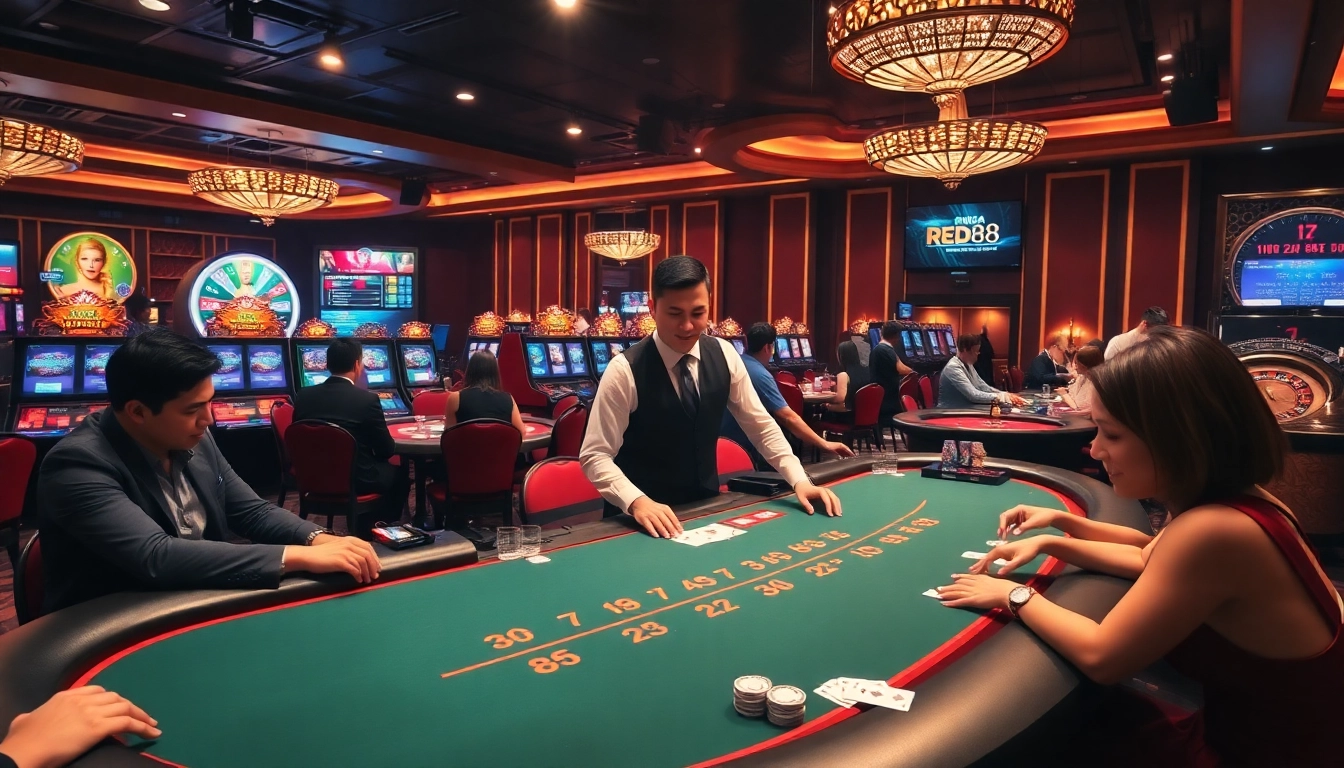 Baccarat game at nhà cái red88 with players experiencing thrilling gameplay amidst luxurious casino elements.