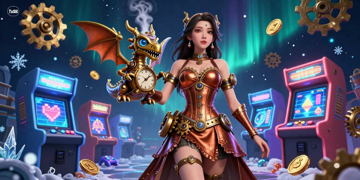 Experience thrilling gameplay with Tx88, featuring a steampunk fusion of characters and arcade elements in a vibrant casino setting.