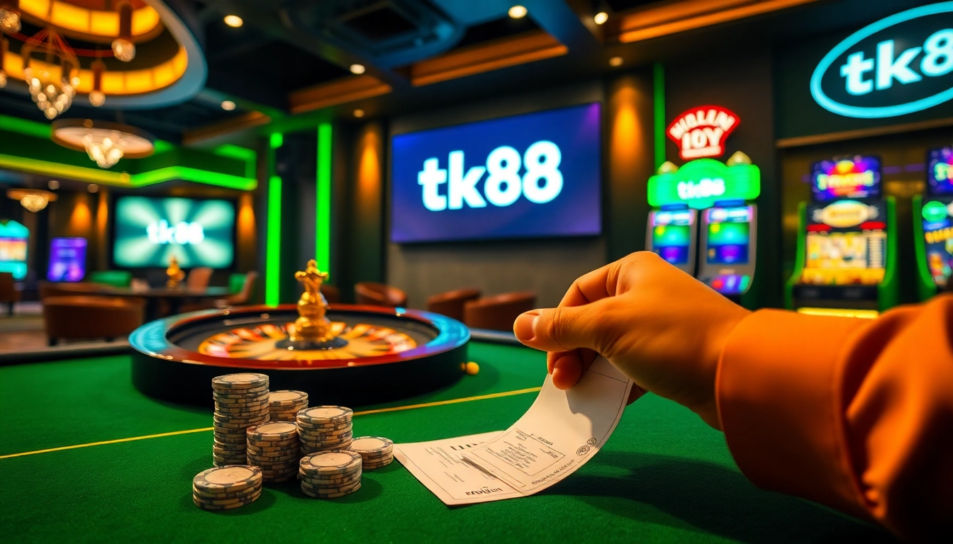 Engaging with casino games at tk88, showcasing luxury poker tables and vibrant slot machines.