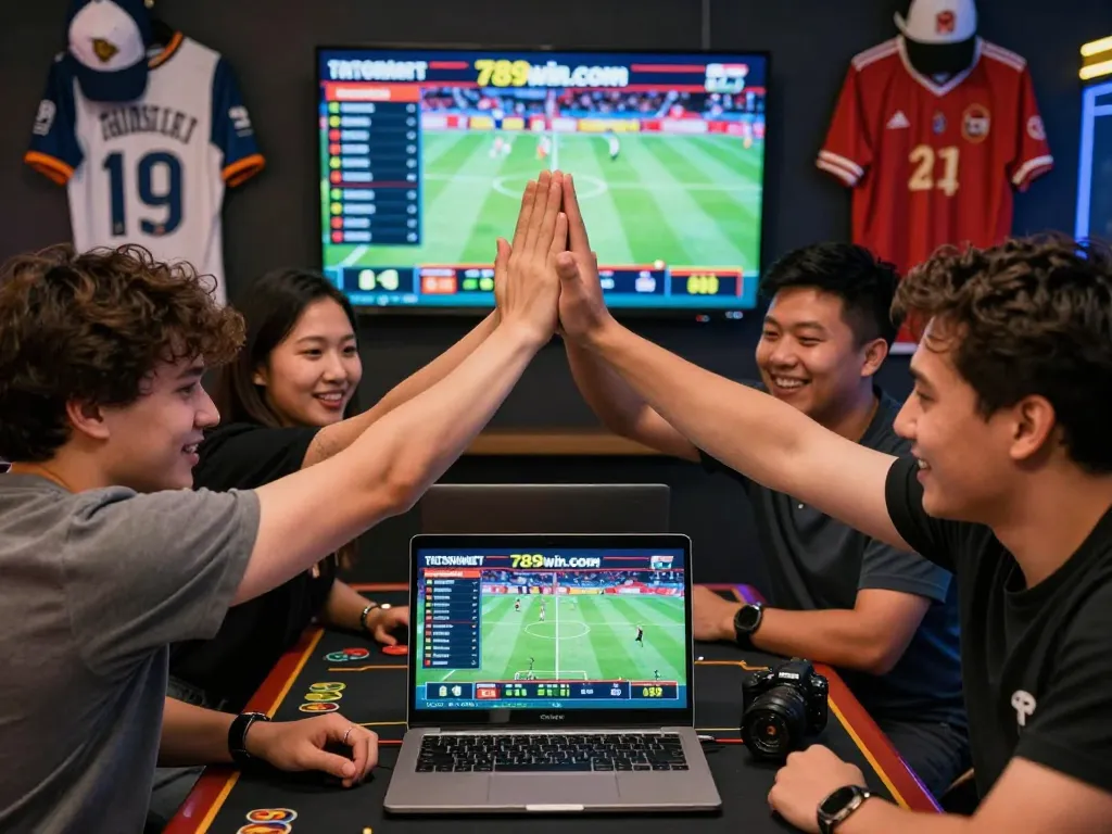 Four friends celebrating a win on 789win.com during an online sports betting event.