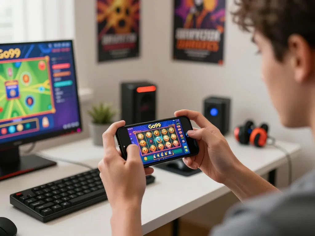 Engaged player enjoying Go99 gaming experience on mobile app in cozy home setting