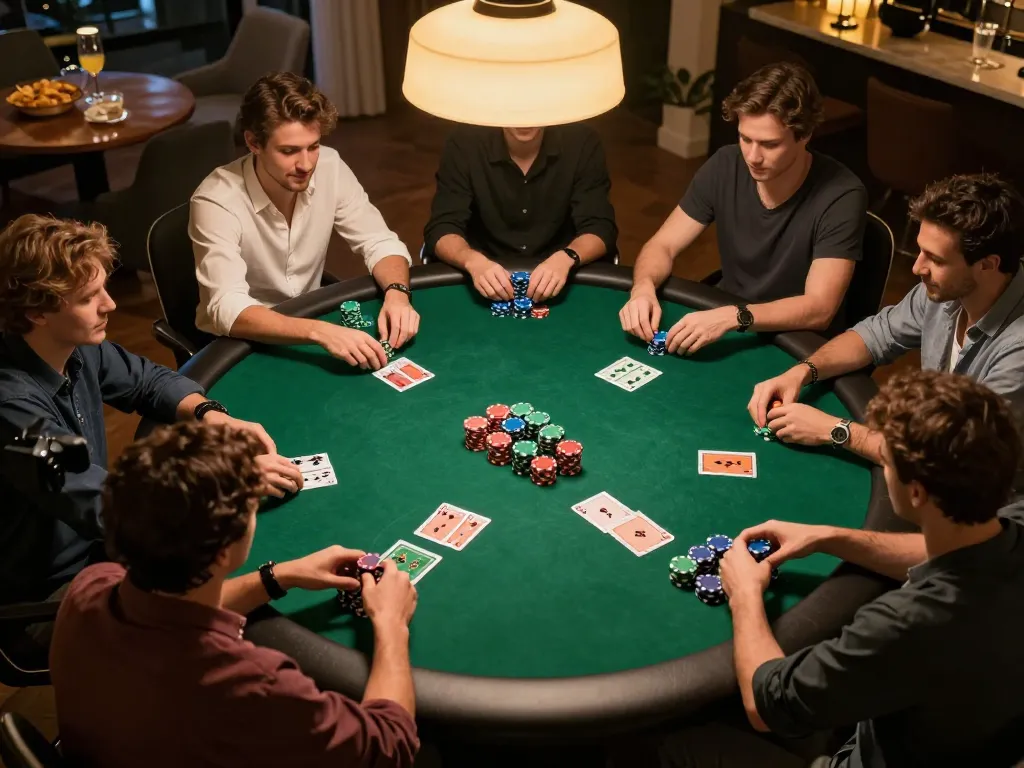 hb88 players enjoying a lively poker game night with colorful chips and community cards on the table.