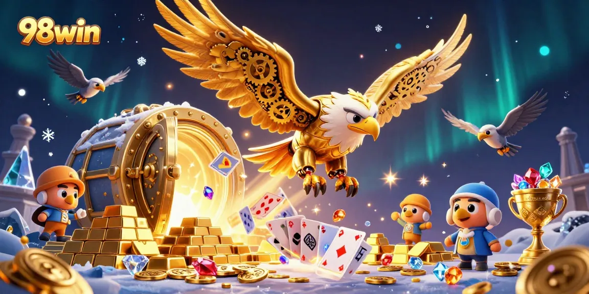 Engage in the vibrant world of 98win with a golden eagle diving through playing cards and treasure.