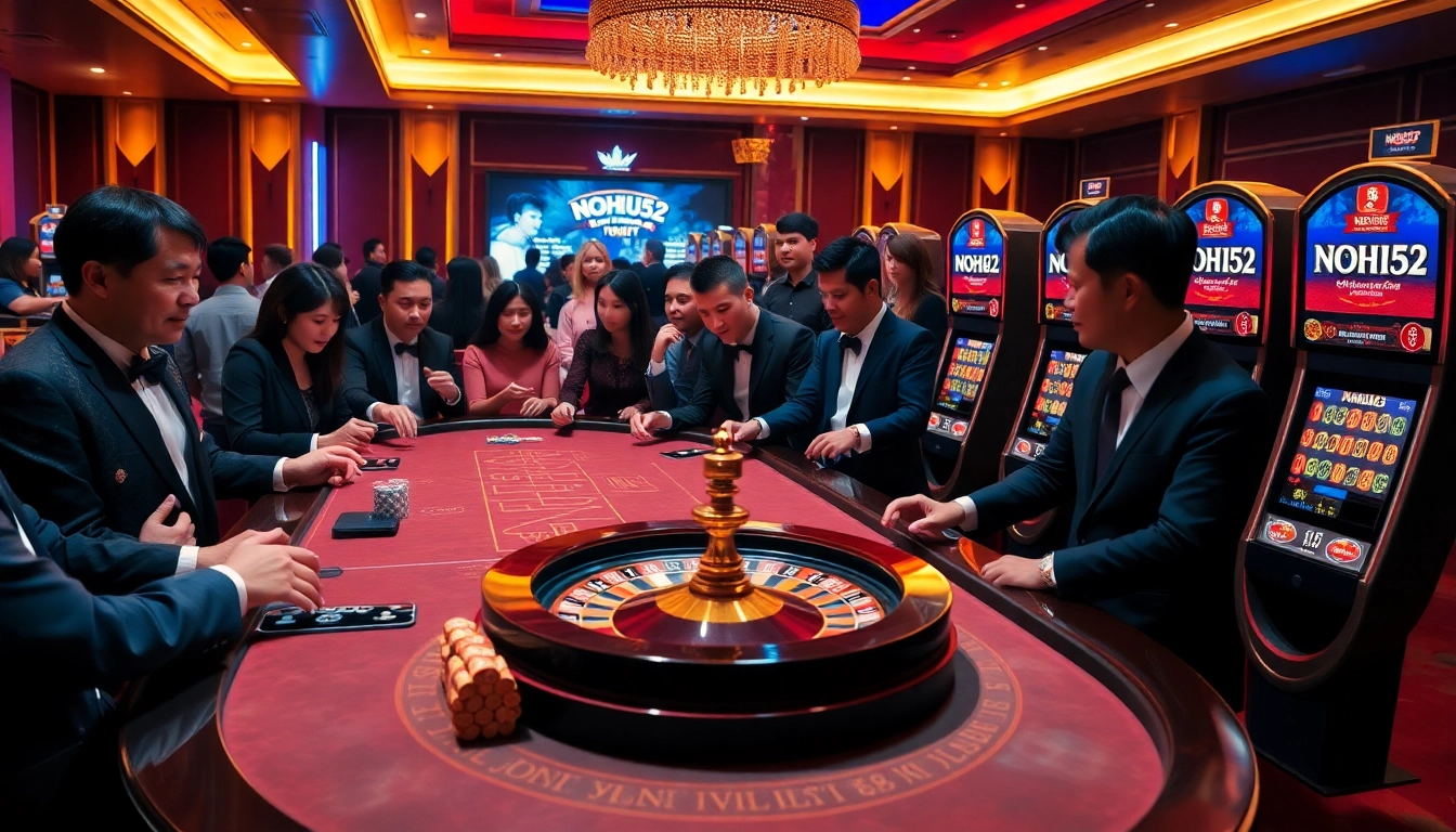 Excited players engage with NOHU52's vibrant gaming environment featuring roulette and slot machines.